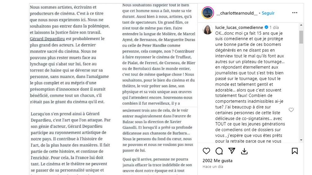 Le commentaire de Lucie Lucas sur l'Instagram de Charlotte Arnould dans lequel elle accuse Victoria Abril
