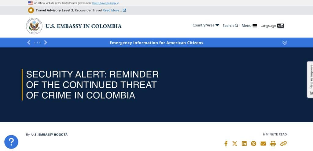 L'ambassade américaine en Colombie émet un rappel d'avertissement aux voyageurs concernant la poursuite de la criminalité