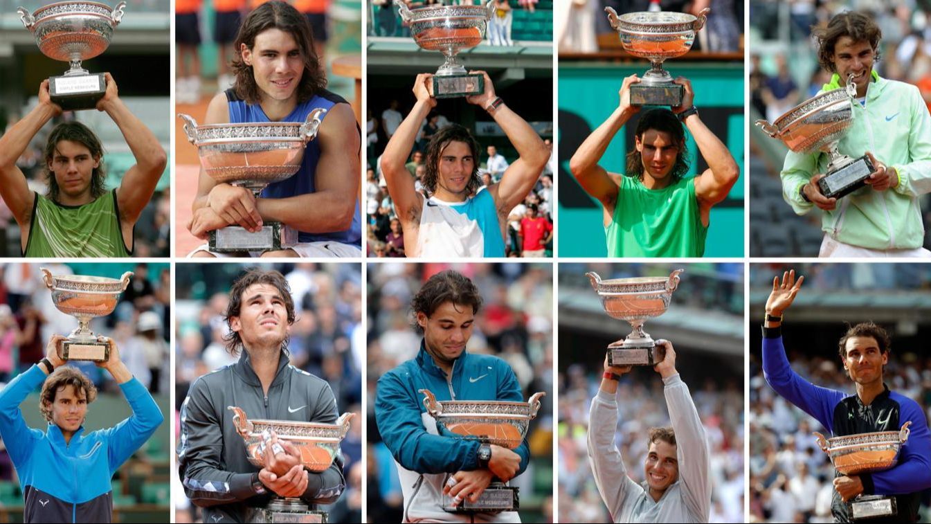 Rafael Nadal posando con trofeos a lo largo de los años