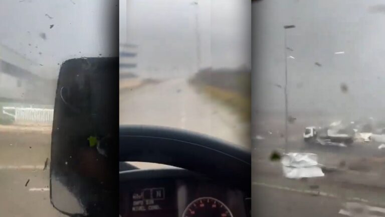 La peur d'un camionneur à l'intérieur de la tornade Carlet