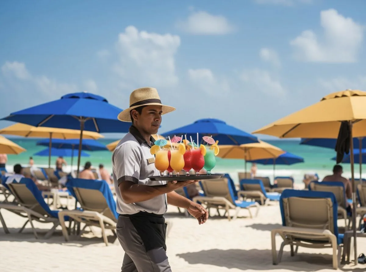Serveur avec boissons sur la plage de Cancun avec des voyageurs américains sur des chaises de plage en arrière-plan