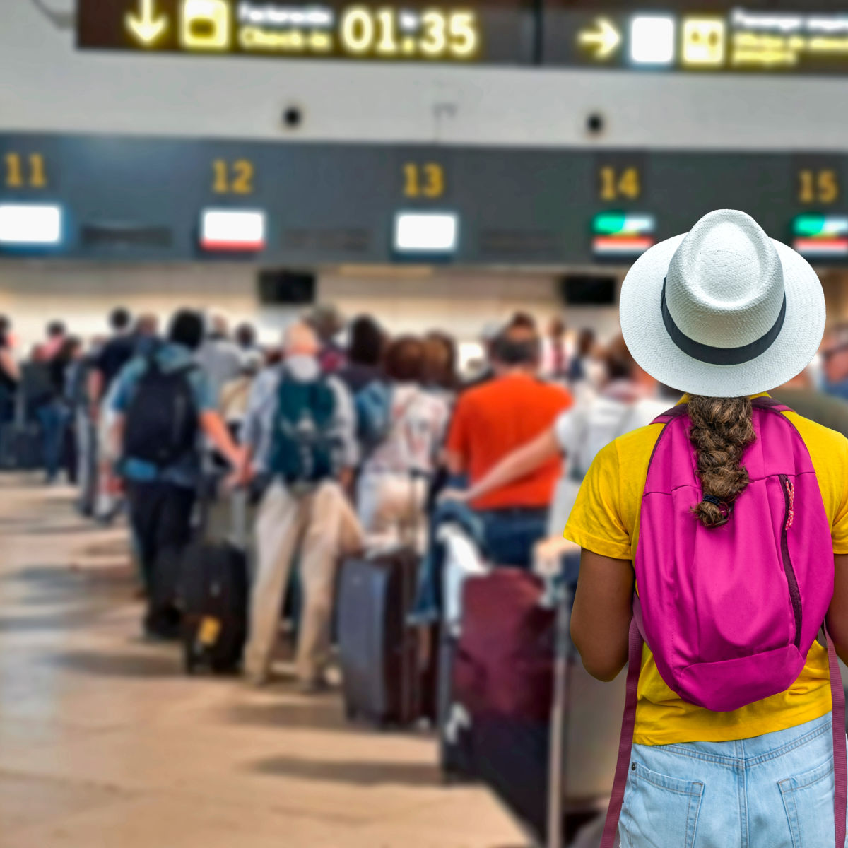 Voyageur attendant dans une longue file d’attente à l’aéroport