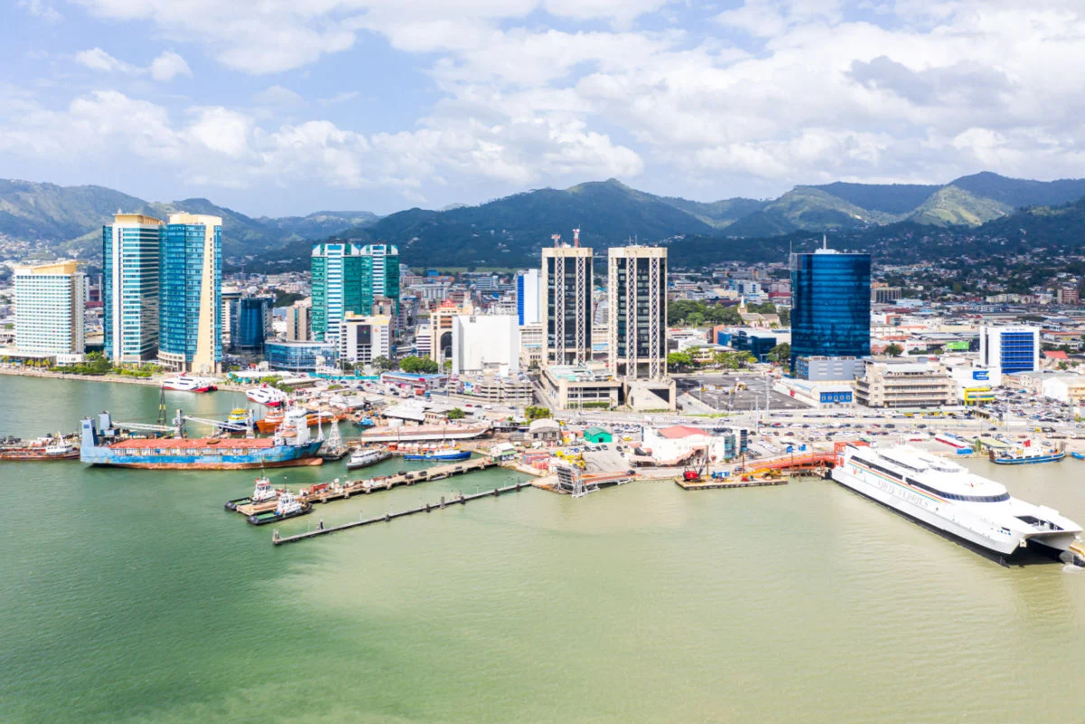 Vue aérienne de la capitale d’une île tropicale. Gratte-ciel du centre-ville et port maritime animé avec quais commerciaux et navires à passagers