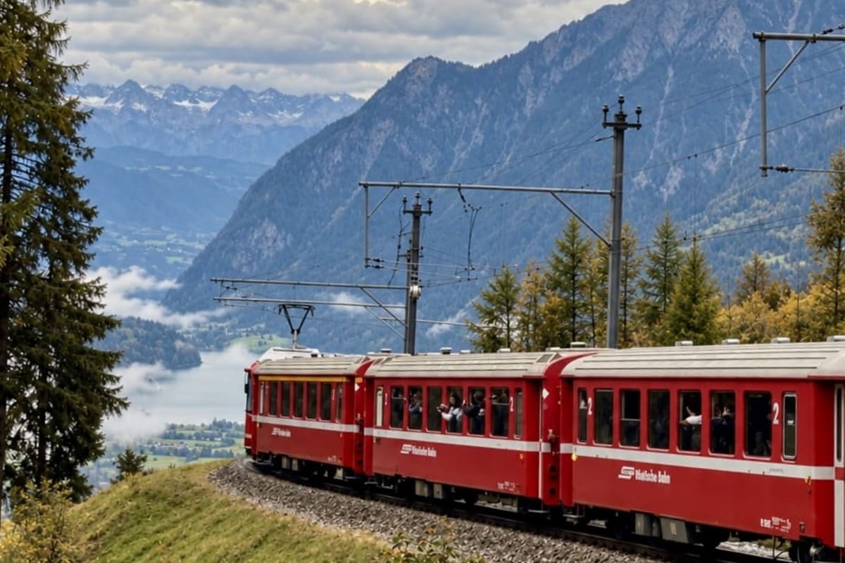 Le train rouge s'approche de l'Italie depuis la Suisse sur l'Albula, ligne Bernina Express
