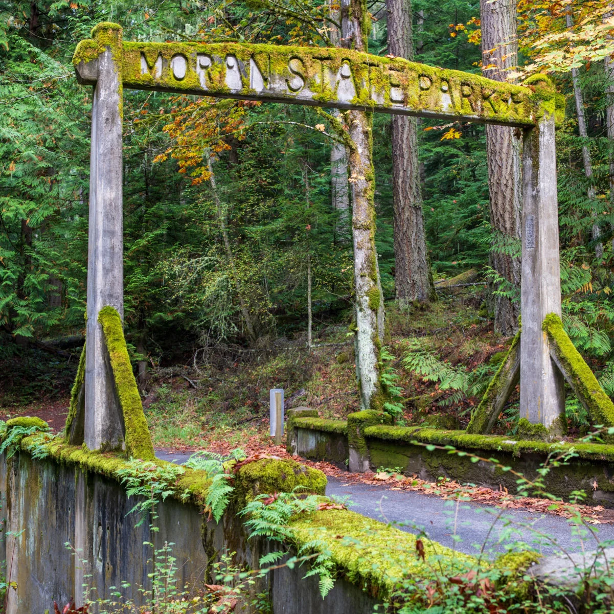 La mousse recouvrait l'ancienne arche d'entrée du parc national de Moran. Le parc compte plus de 5 000 acres de terrains variés, notamment des forêts, des zones humides, des tourbières, des collines et des lacs.