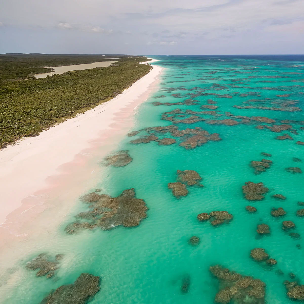 Vue aérienne des formations coralliennes en pointillés le long du côté de l'océan Atlantique de Cat Island, Bahamas