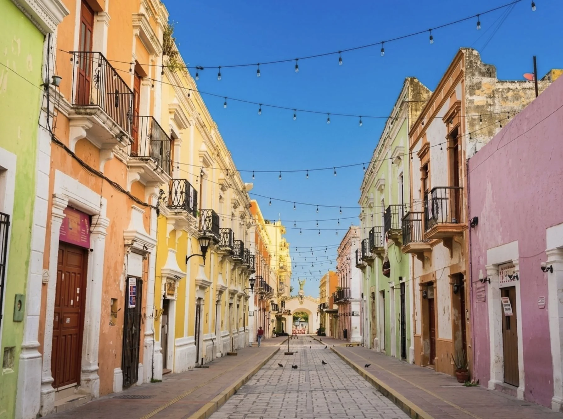 Bâtiments colorés dans une rue de Campeche, Mexique