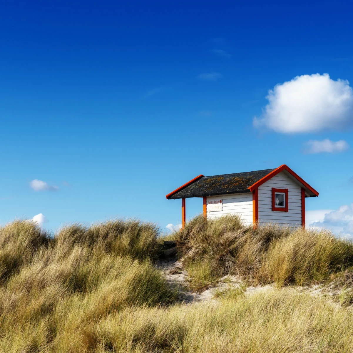 Une vue d'un cottage coloré de Badhytta sur la Riviera suédoise de la péninsule de Falsterbo