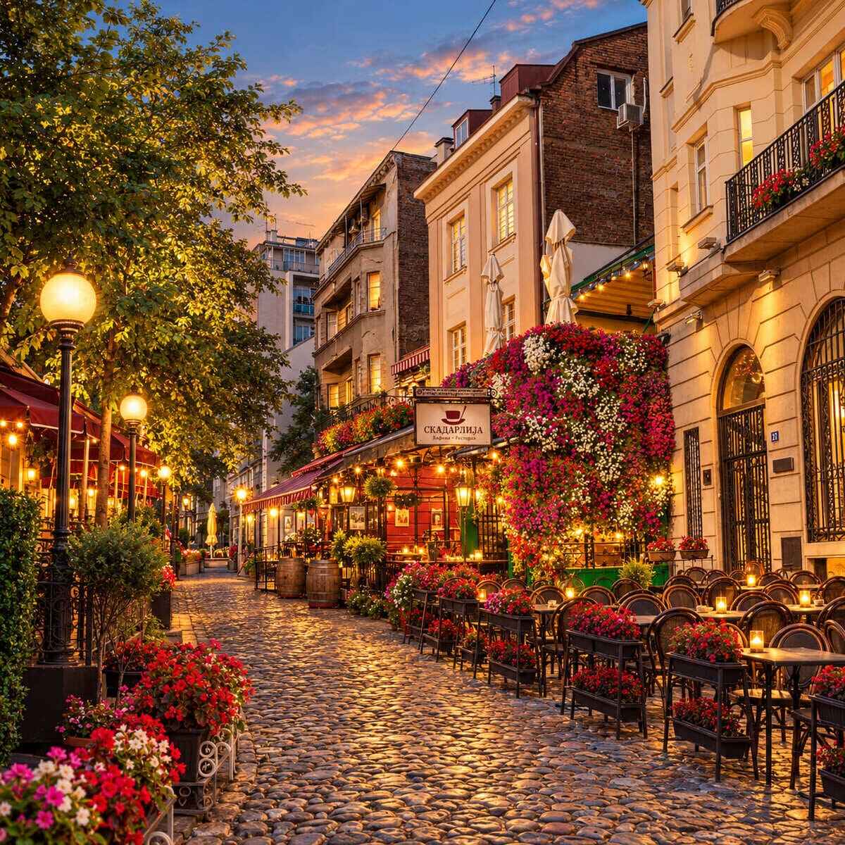 Rue Pavée Bordée De Bars Et De Lampes Romantiques Et De Façades Drapées De Fleurs à Skardalija, Centre De Belgrade, Serbie