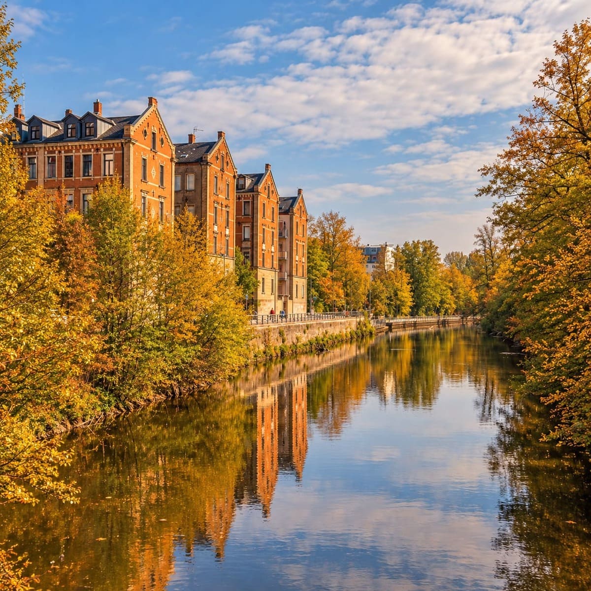 Belles couleurs d'automne au bord de la rivière à Furth, Allemagne
