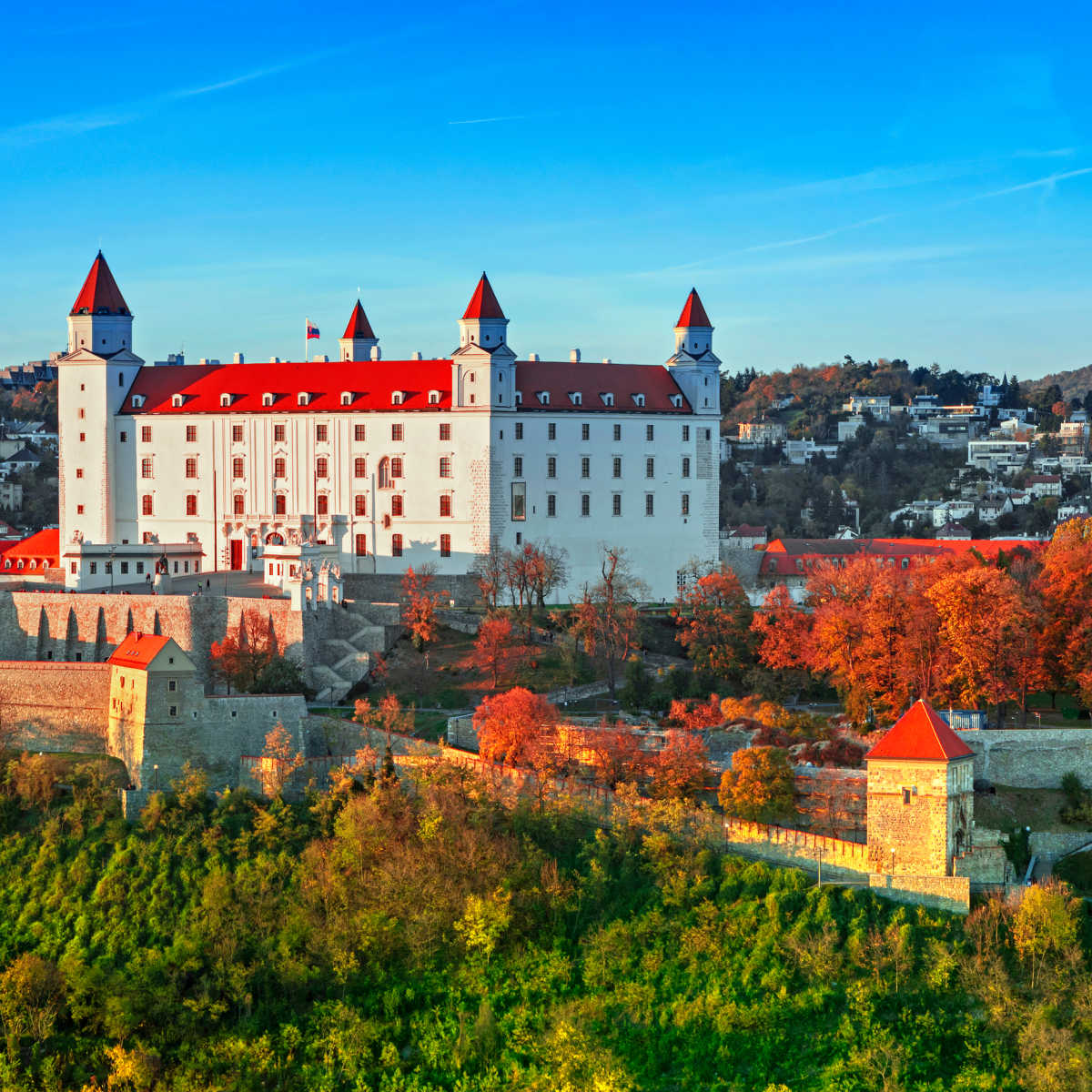 Château de Bratislava entouré d'arbres pourpres